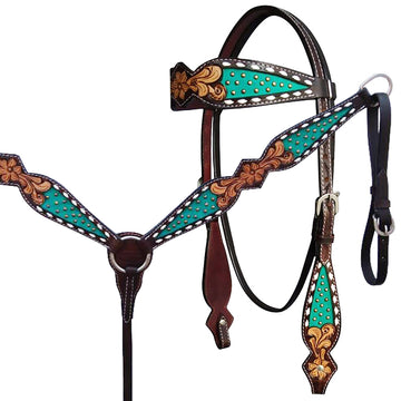 HILASON Western Horse Floral Headstall Breast Collar One American Leather Tack Set